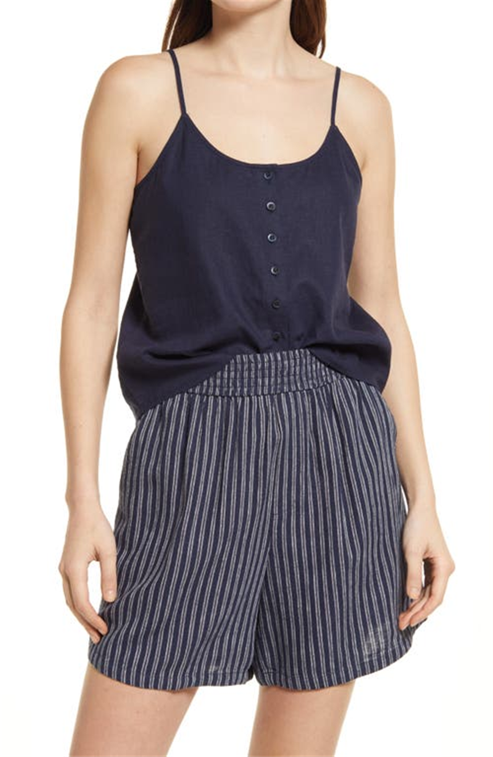 Camisola feminina Treasure &amp; Bond azul marinho com botões frontais, tamanho pequeno