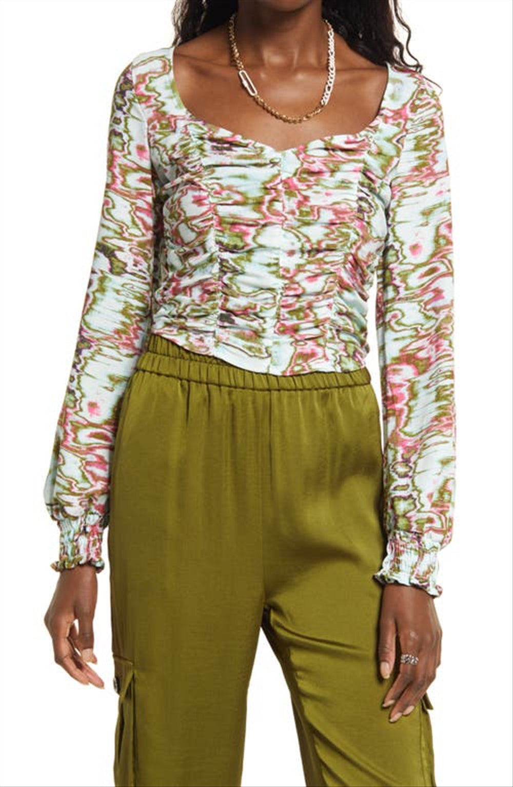 Top curto com babados e ondulações azuis e verdes, tamanho médio, aberto