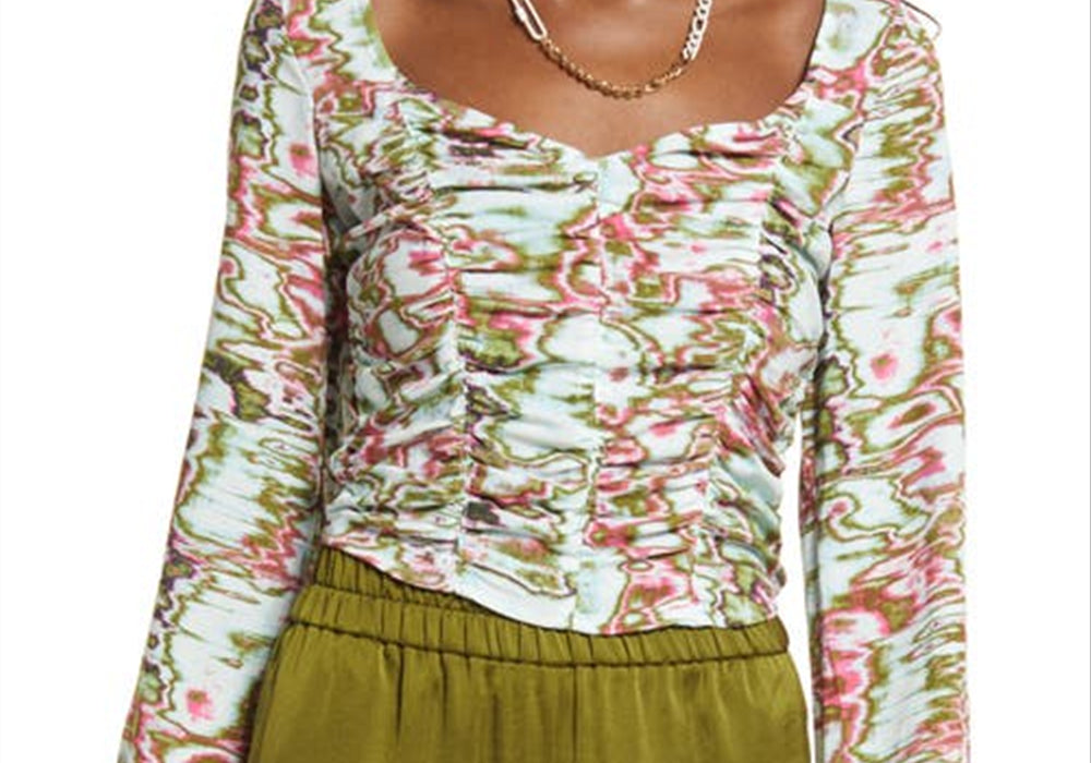 Top curto com babados e ondulações azuis e verdes, tamanho médio, aberto