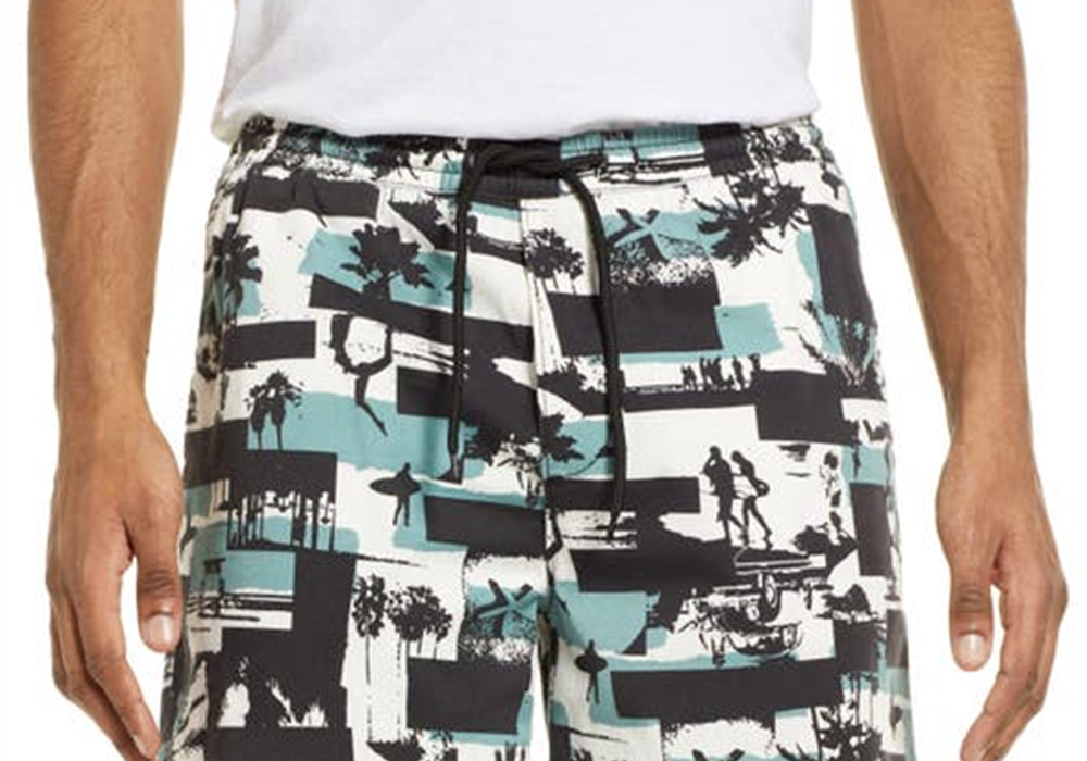 Shorts de cintura alta com estampa aberta e edição aberta em branco - colagem Teal Surfs Up tamanho X-Large