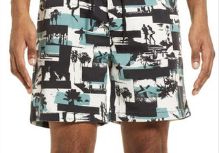 Shorts de cintura alta com estampa aberta e edição aberta em branco - colagem Teal Surfs Up tamanho X-Large