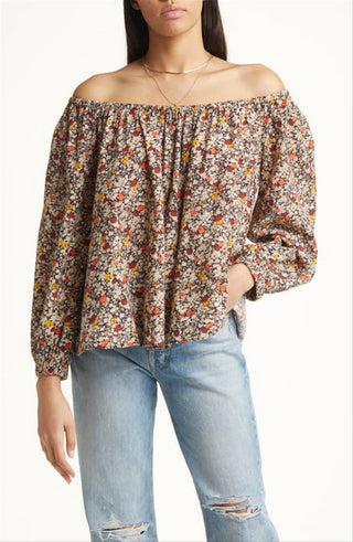 Treasure &amp; Bond Blusa franzida ombro a ombro marrom-marfim Cally Floral tamanho grande