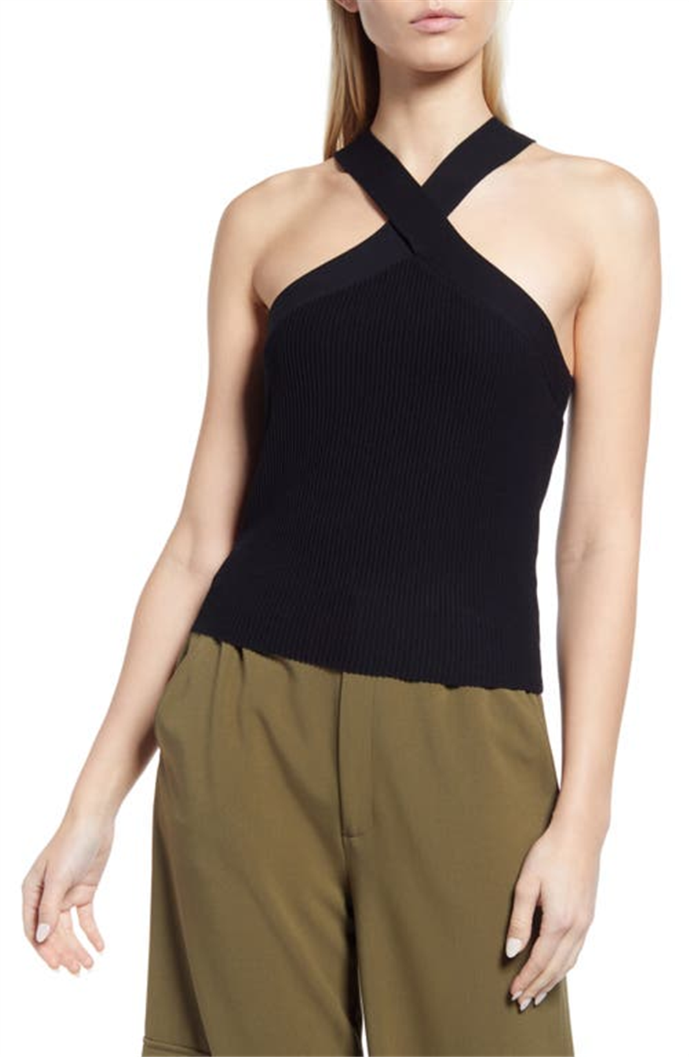 Halogen Suéter Halter Preto com Decote Cruzado Feminino Tamanho Pequeno