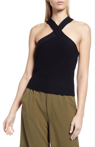 Halogen Suéter Halter Preto com Decote Cruzado Feminino Tamanho Pequeno