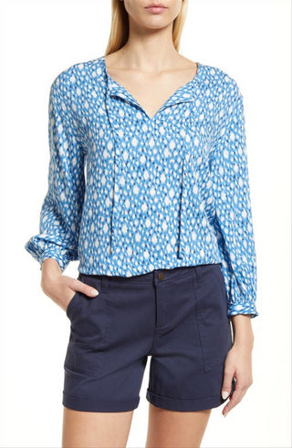 Camisa floral caslon(r) com gola dividida em bolinhas ikat Vallarta azul, tamanho extrapequeno