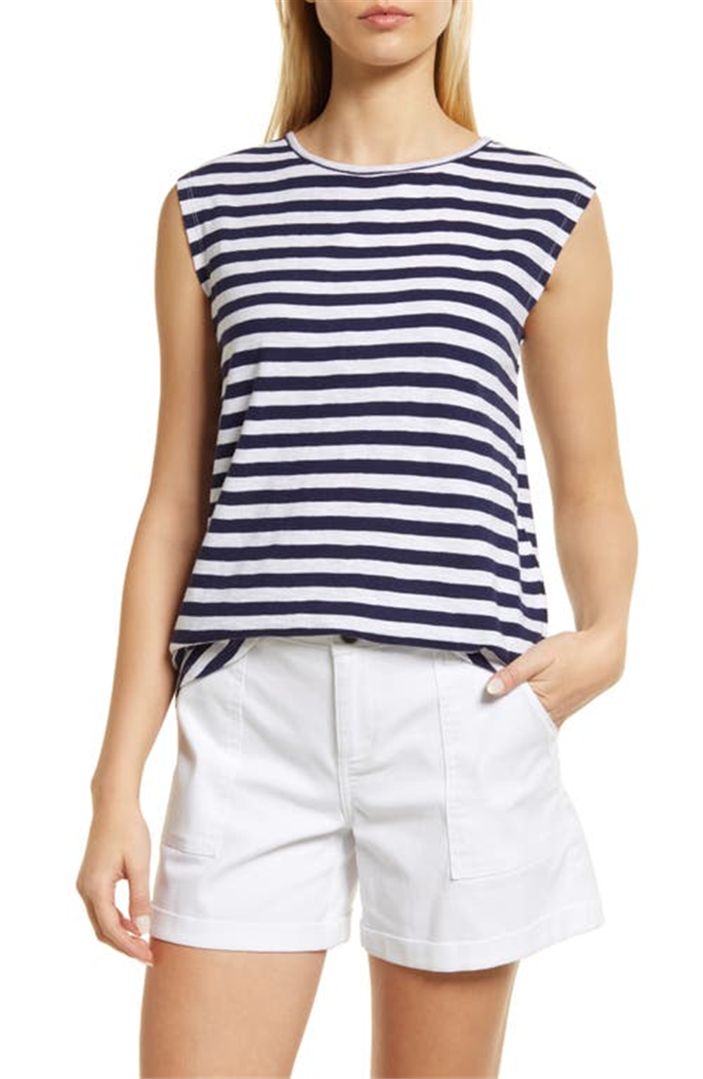 Blusa Caslon de algodão com amarração nas costas e manga curta, tamanho extrapequeno, azul-marinho, com listras brancas