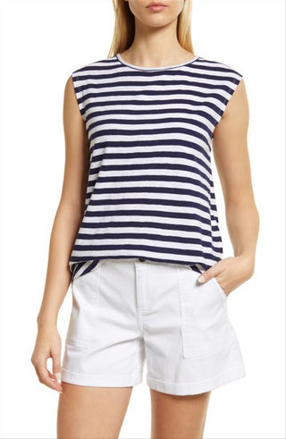 Blusa Caslon de algodão com amarração nas costas e manga curta, tamanho extrapequeno, azul-marinho, com listras brancas