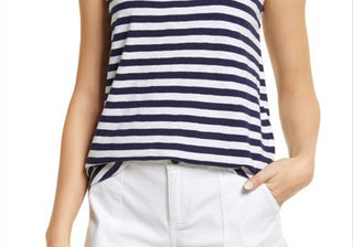 Blusa Caslon de algodão com amarração nas costas e manga curta, tamanho extrapequeno, azul-marinho, com listras brancas