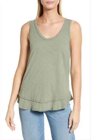 Regata Caslon de algodão com bainha em camadas em verde Dune, tamanho XS