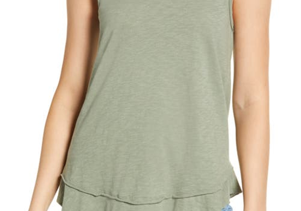 Regata Caslon de algodão com bainha em camadas em verde Dune, tamanho XS
