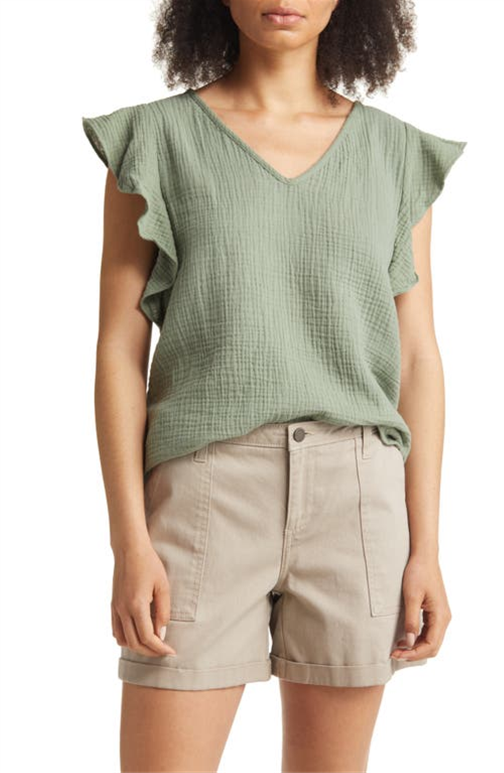 Blusa Caslon Verde Dune com decote em V e mangas franzidas, tamanho extrapequeno