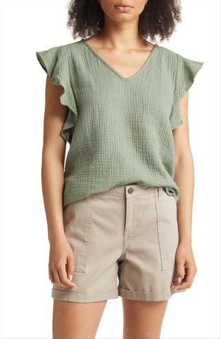 Blusa Caslon Verde Dune com decote em V e mangas franzidas, tamanho extrapequeno
