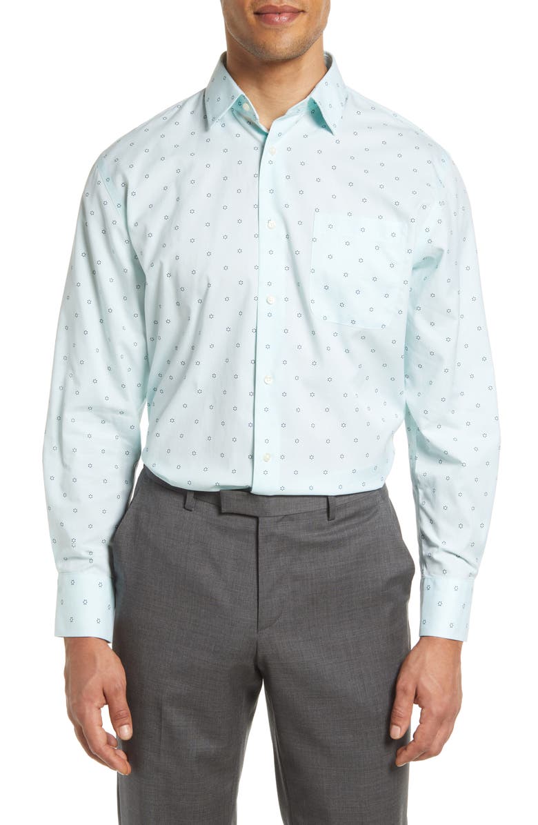 Camisa social Nordstrom Green Uni Geo Flowers - Tamanho 15-32, ajuste tradicional, não passável