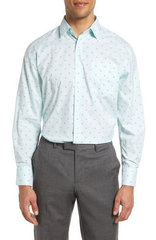 Camisa social Nordstrom Green Uni Geo Flowers - Tamanho 15-32, ajuste tradicional, não passável