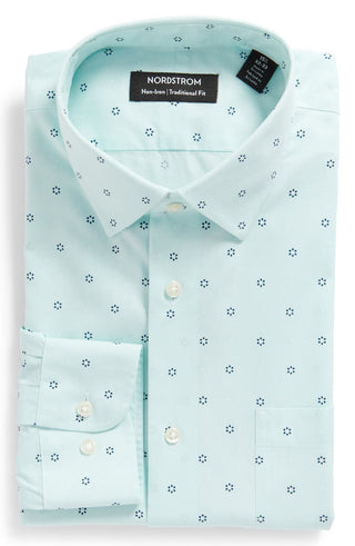 Camisa social Nordstrom Green Uni Geo Flowers - Tamanho 15-32, ajuste tradicional, não passável