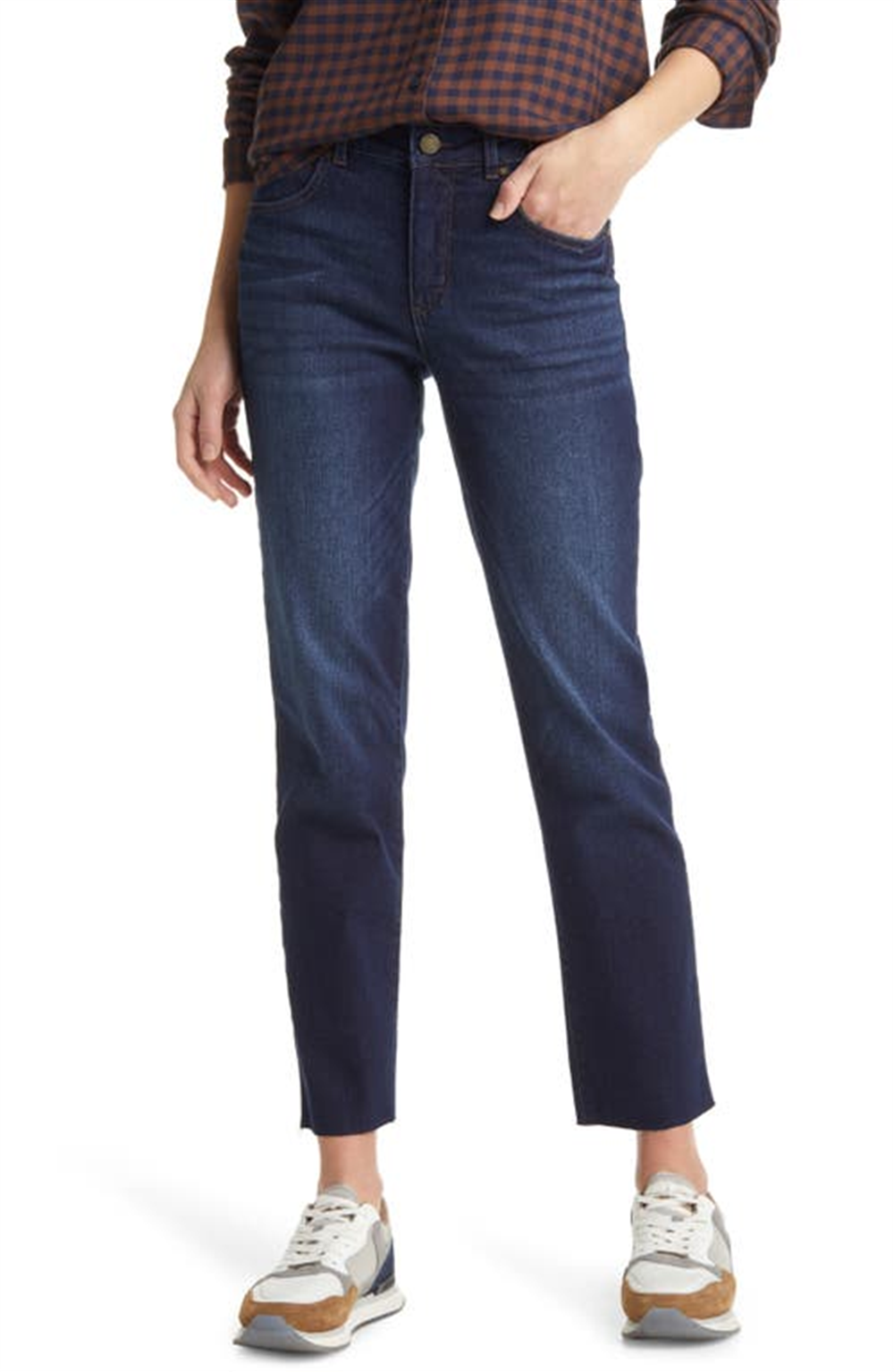 Calça jeans feminina Caslon azul com bainha crua, cintura alta, perna reta, tamanho 8