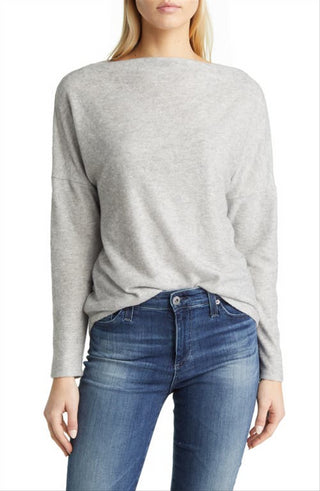 Caslon Blusa feminina cinza mesclada com decote canoa e manga comprida, tamanho médio