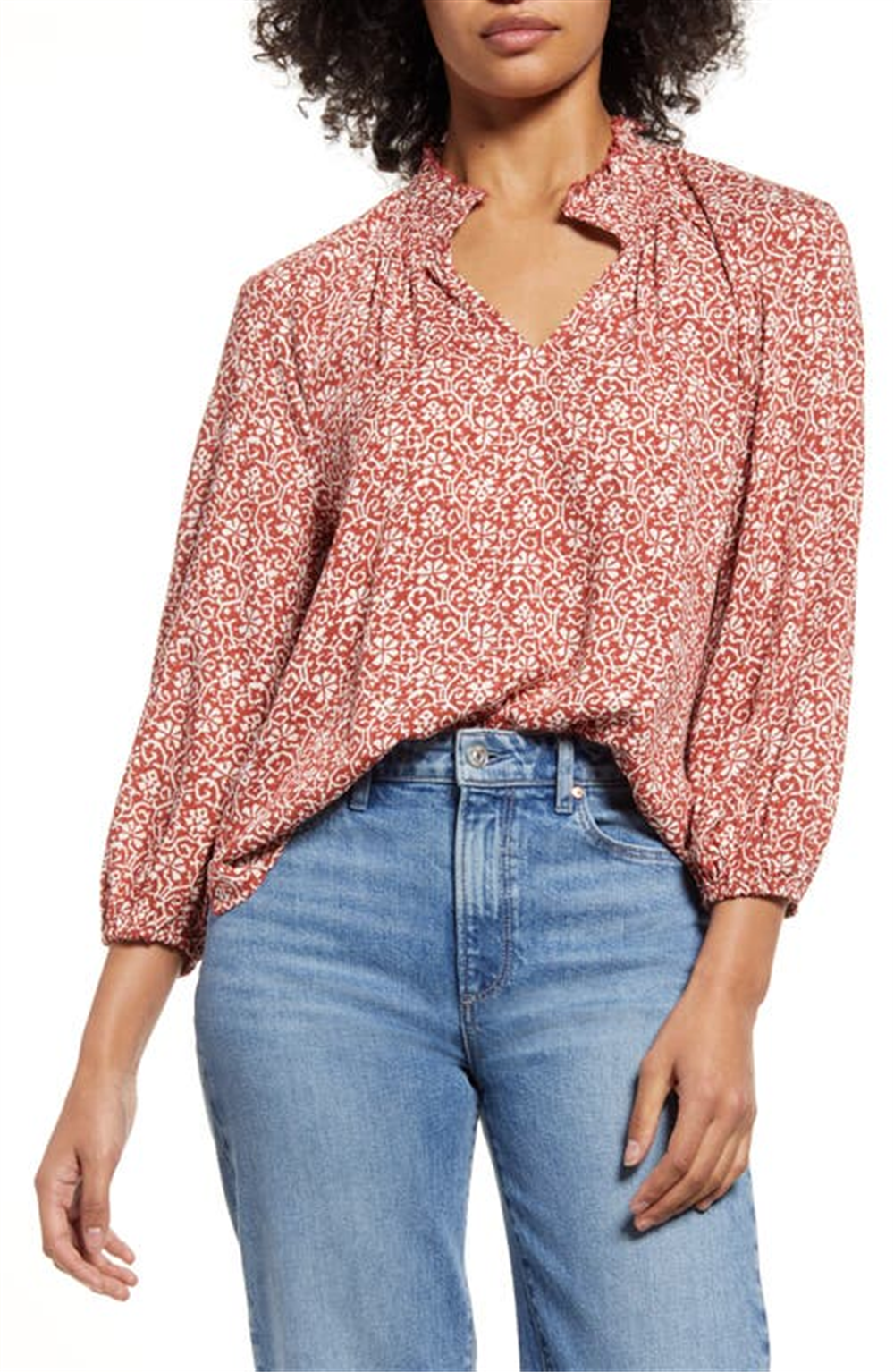 Camisa Caslon(r) com estampa floral e gola dividida em Rust-Ivory Ikat Bloom, tamanho grande