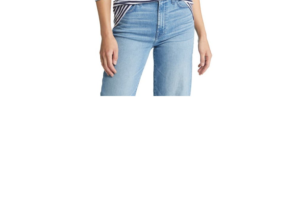 Camiseta Caslon feminina listrada Brooke azul marinho e branca, manga comprida, tamanho pequeno