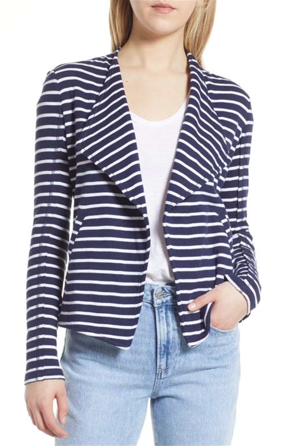 Blazer Caslon Feminino Azul Marinho-Branco Josephine Listrado Gola Drapeada Tamanho P