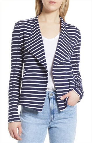 Blazer Caslon Feminino Azul Marinho-Branco Josephine Listrado Gola Drapeada Tamanho P