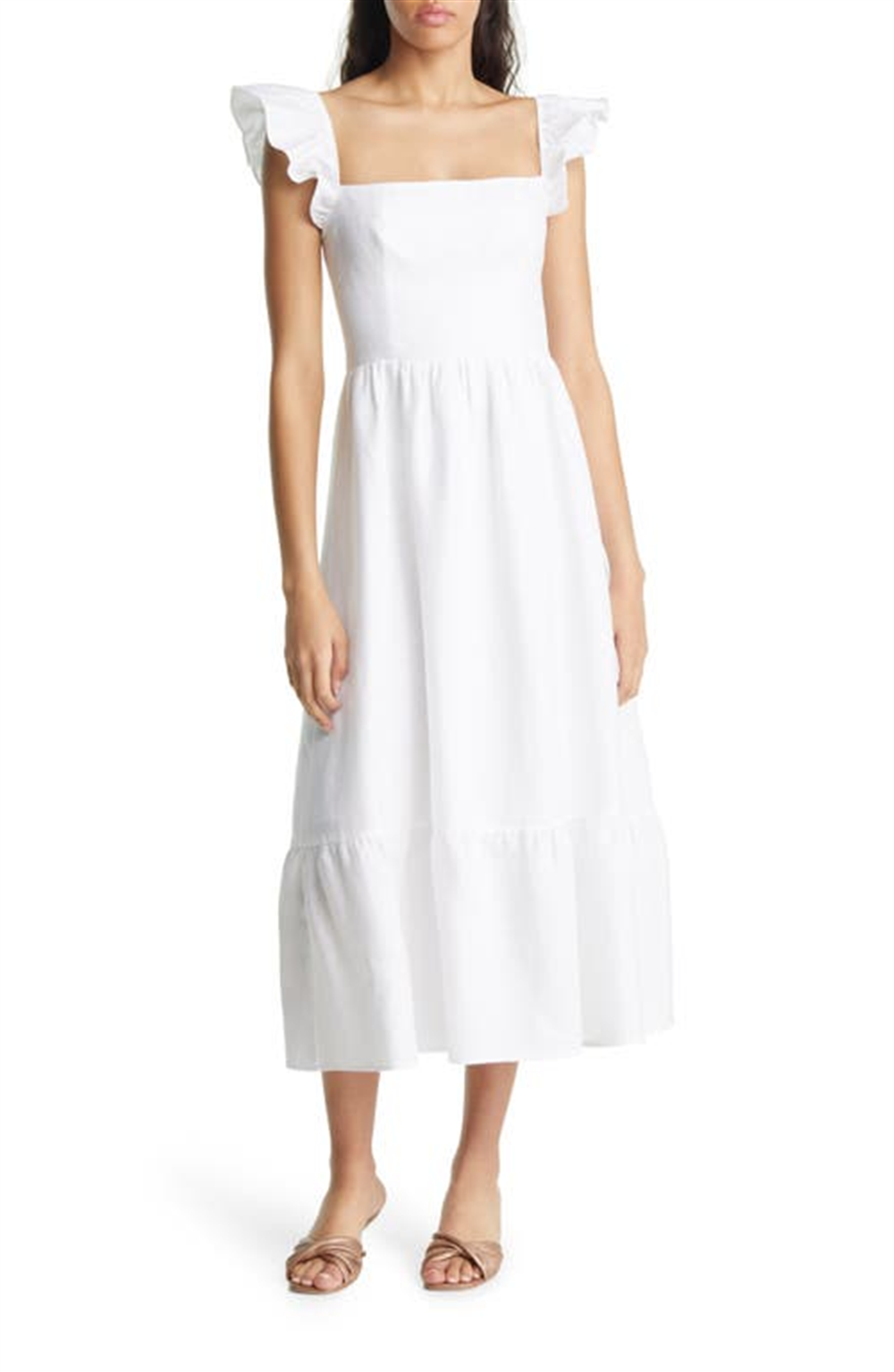 Vestido de linho Lucila com babados Reformation em branco, tamanho 6