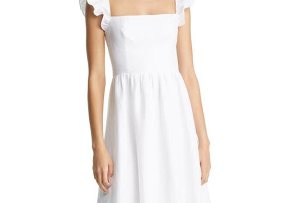 Vestido de linho Lucila com babados Reformation em branco, tamanho 6