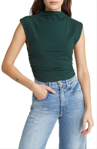 Top curto franzido Lindy verde floresta feminino da Reformation, tamanho pequeno