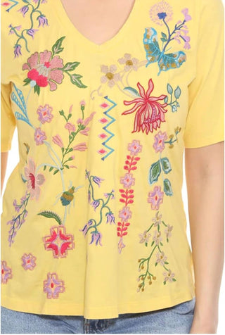 Johnny Was - Camiseta Trapunto 3/4 com decote em V Maureen