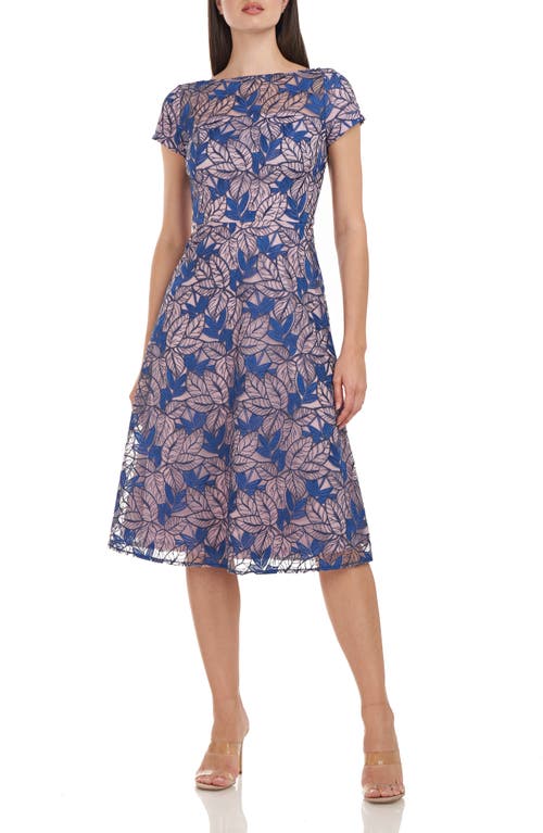 JS Collections Robin Leaf Midi Cocktail Dress in Amethyst/Navy, Size 14