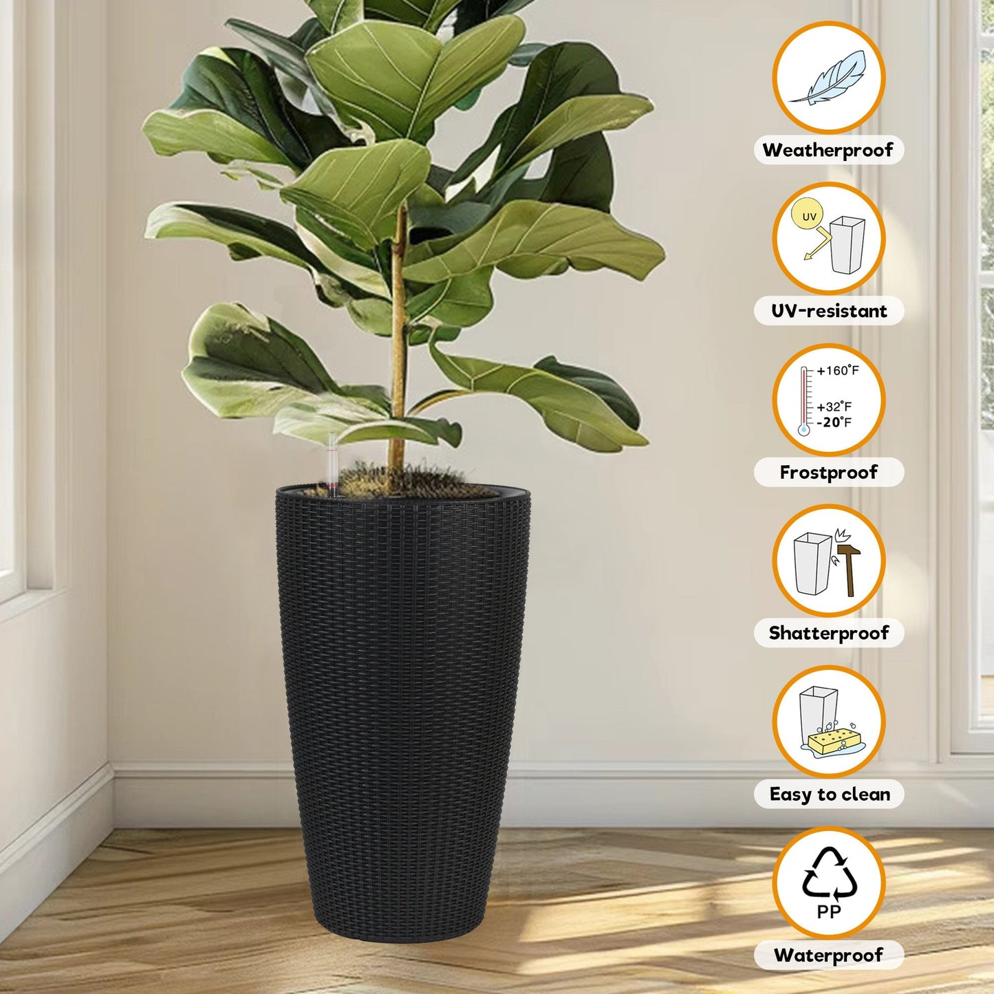 Set of 2 Faux Rattan Tall Planters with Automatic Watering System