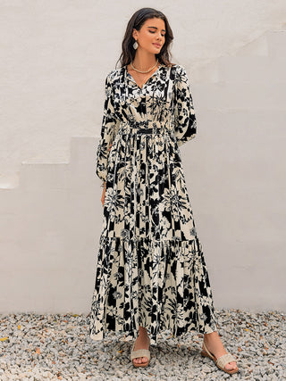 Vestido de manga comprida com decote em V e estampa smocked