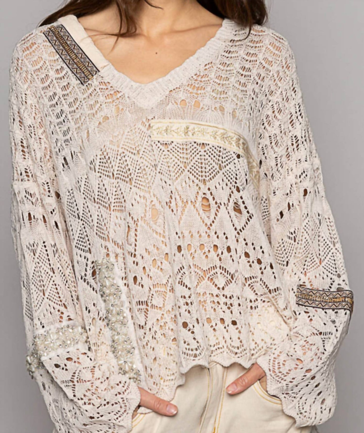Pol - NATURAL CROCHET WITH TRIM DETAIL LONGSLEEVE TOP