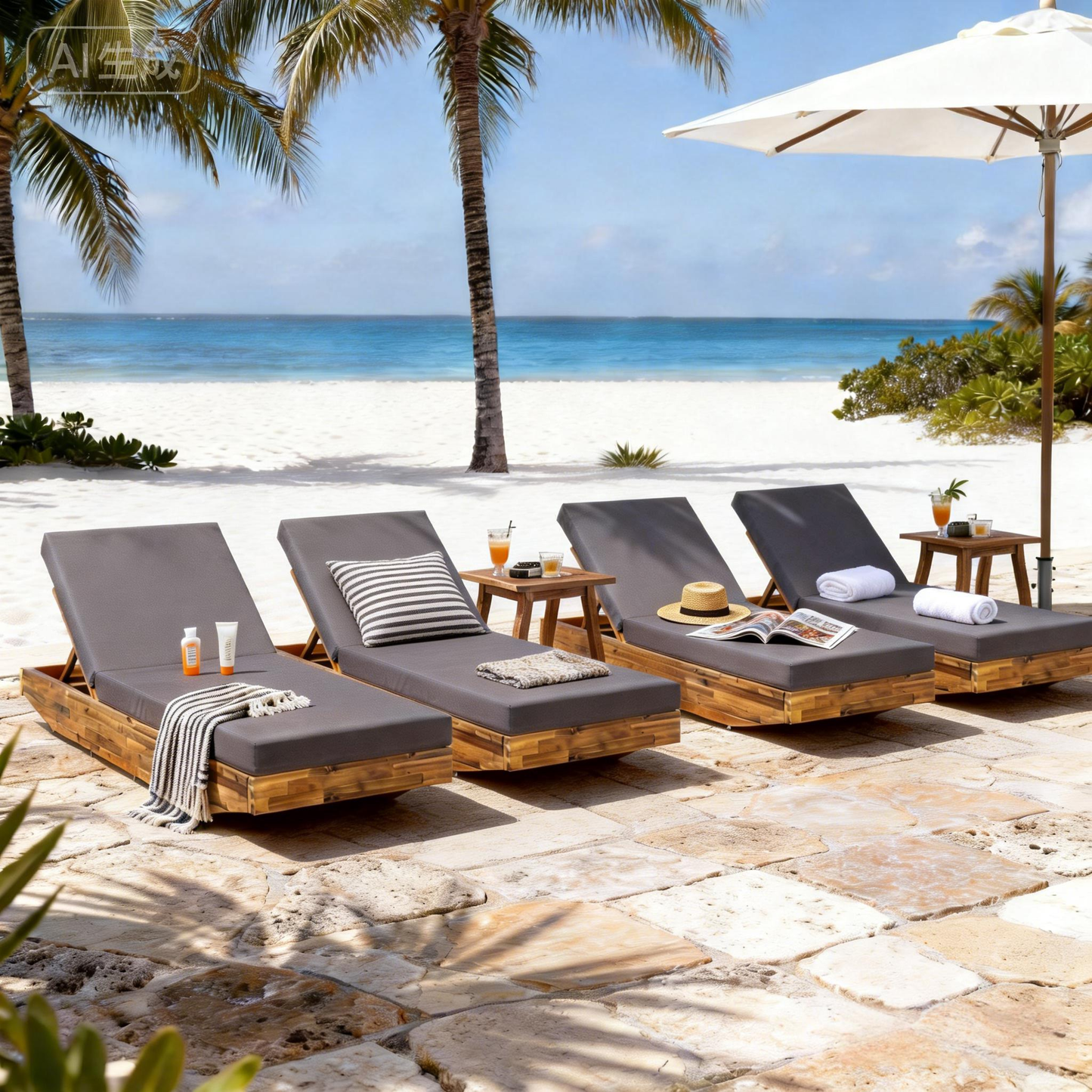 Acacia Wood Chaise Lounge with Cushion - Teak Finish