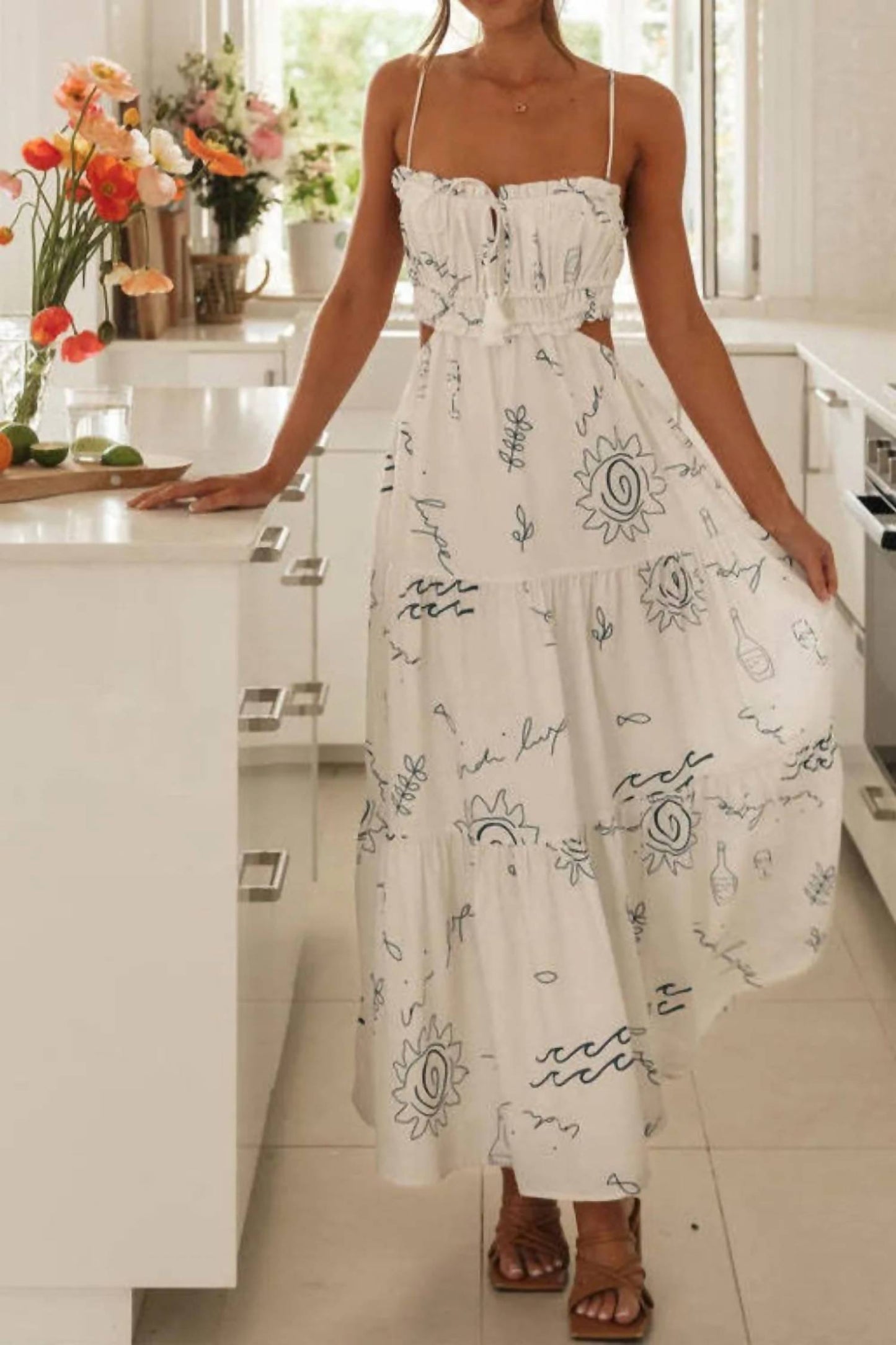 Trendsi - Cutout Printed Sleeveless Midi Cami Dress