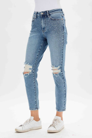 Judy Blue - Calça jeans slim com cintura alta e strass