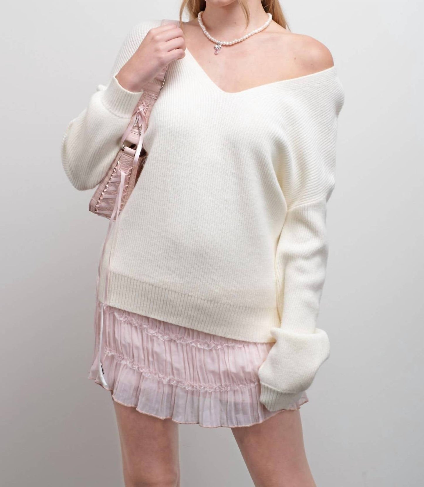 Blu Pepper - V Neck Drop Shoulder Back Bow Tie Detail Sweater