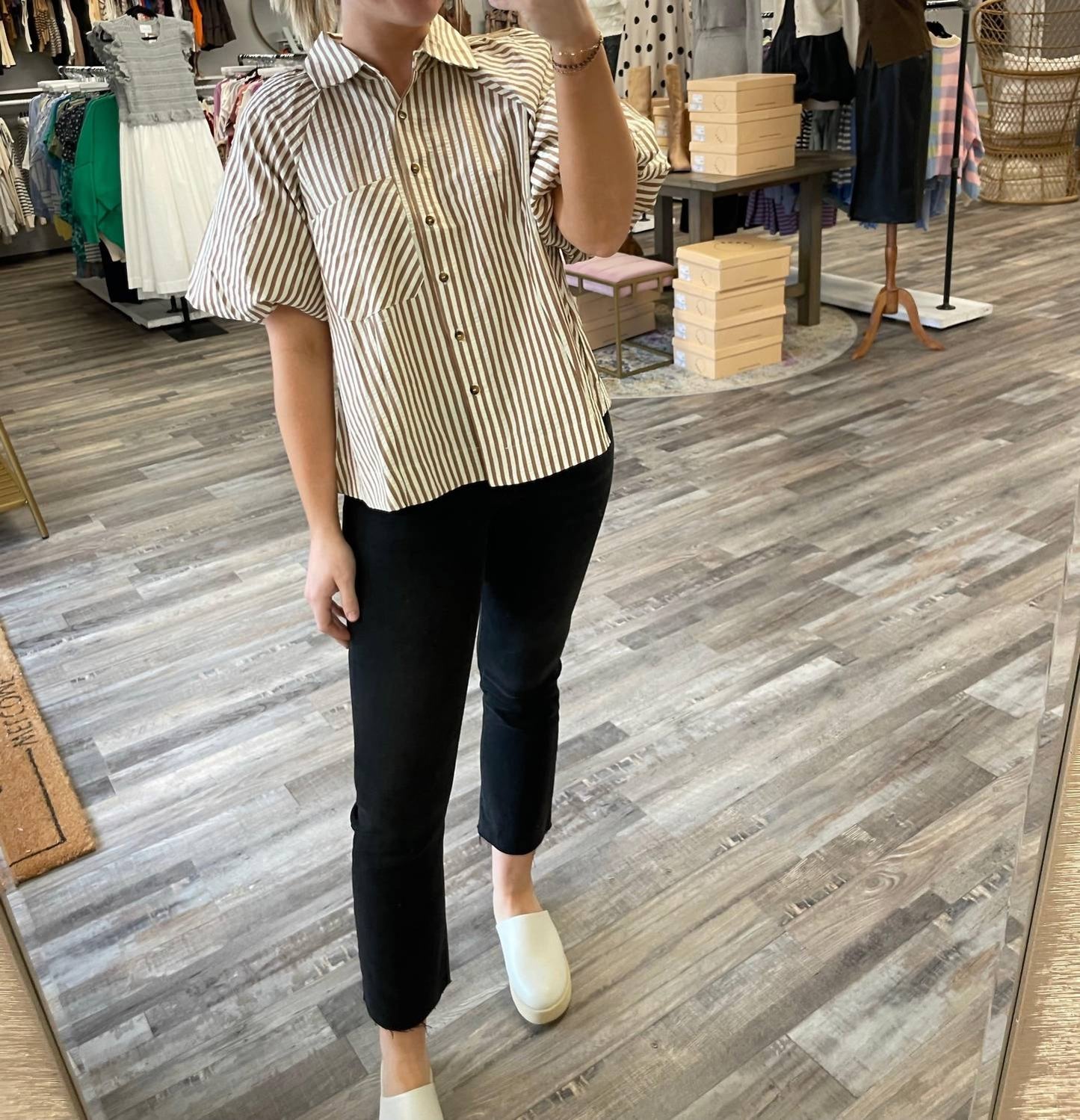 &Merci - Striped Bubble Sleeve Button Down Shirt