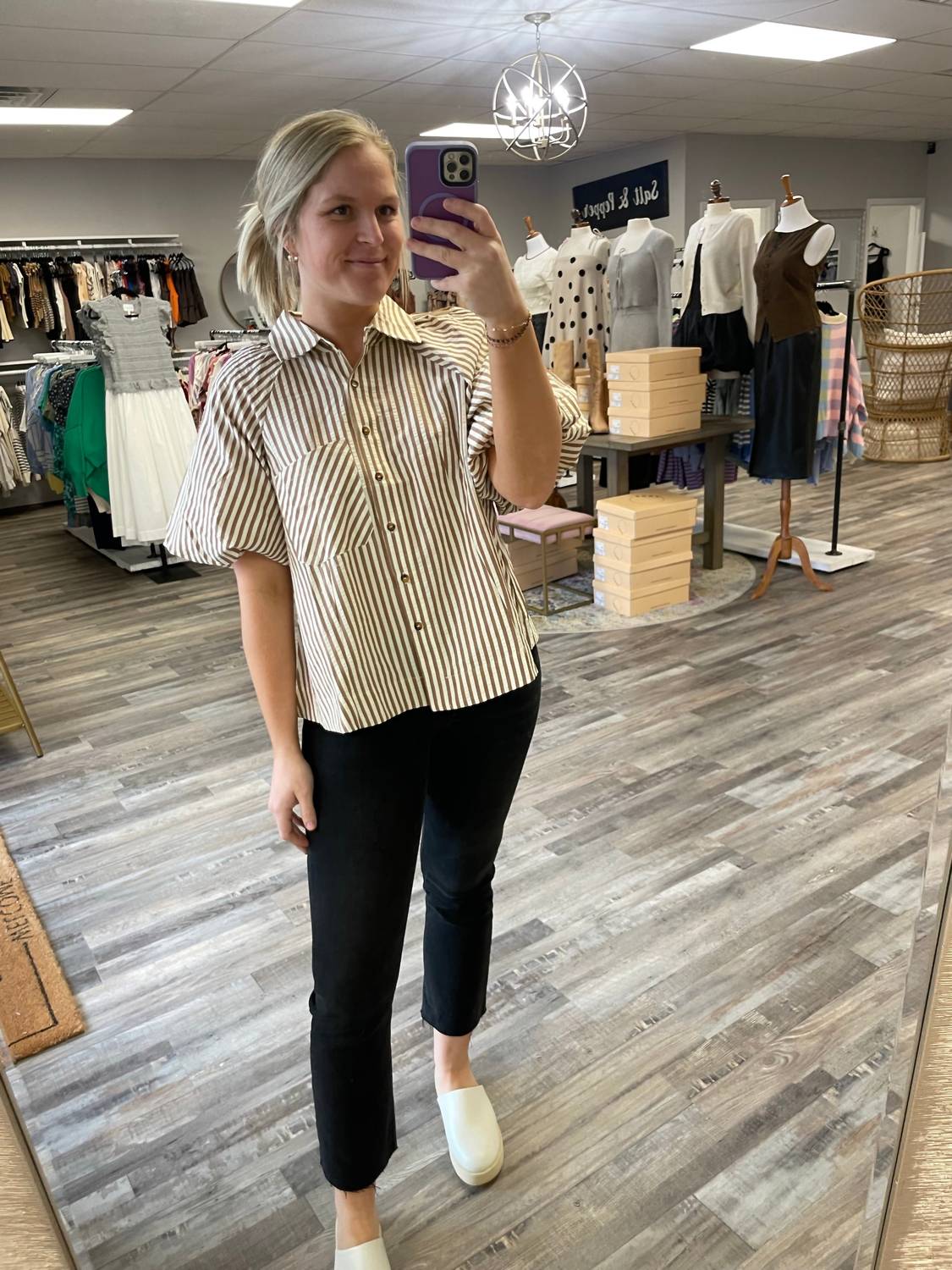 &Merci - Striped Bubble Sleeve Button Down Shirt