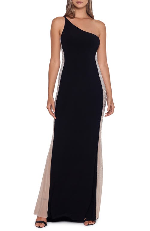 Xscape Embellished One Shoulder Evening Gown Black Nude Silver Size 4