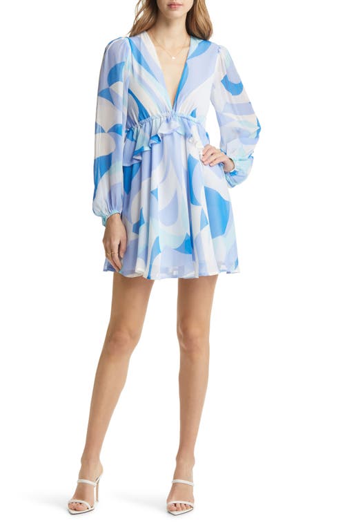 VICI Collection Abstract Print Long Sleeve Babydoll Dress in Blue Multi, Size Small