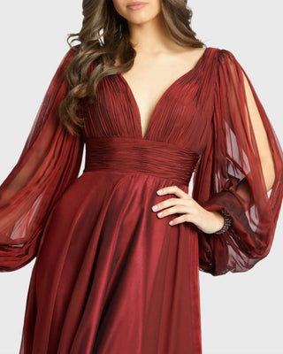 Mac Duggal - Vestido de chiffon com decote em V e corte A, punhos com contas