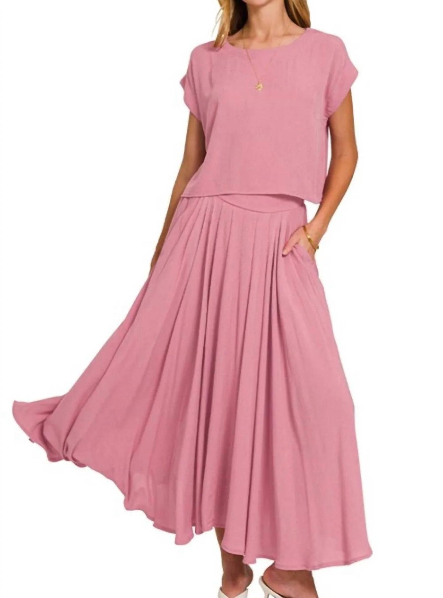 Zenana - Woven Crinkle Gauze Crop Tee And Skirt Set