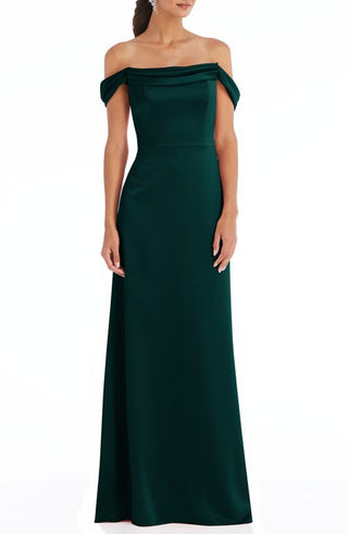 Dessy Collection Off the Shoulder A-Line Charmeuse Gown in Evergreen, Size 14