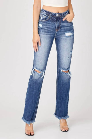 Risen - Calça jeans reta com bainha crua e desgastada tamanho grande