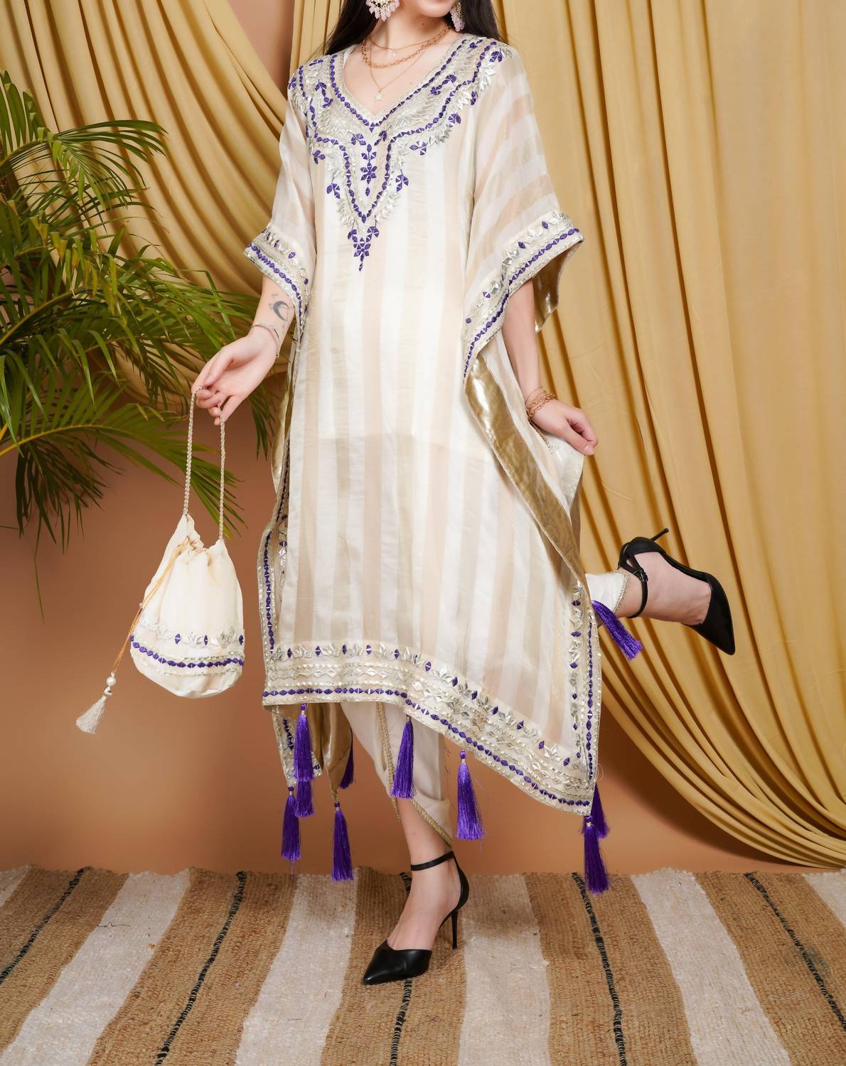 Zaalima Fashion - Striped Organza Kaftan Suit With Mirror Work And Tassel Accents