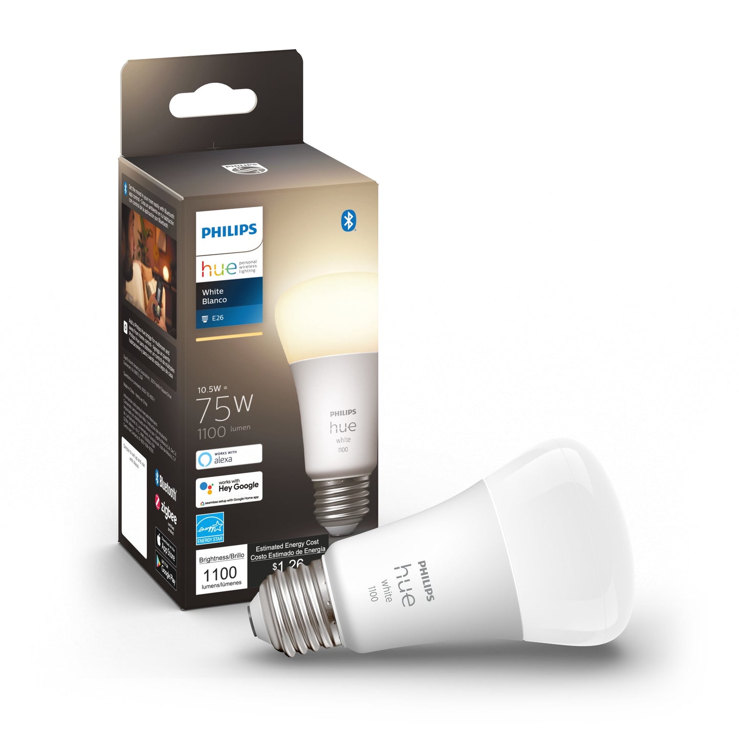 Philips - Lâmpada LED inteligente Hue A19 Bluetooth 75 W, branca, tamanho único
