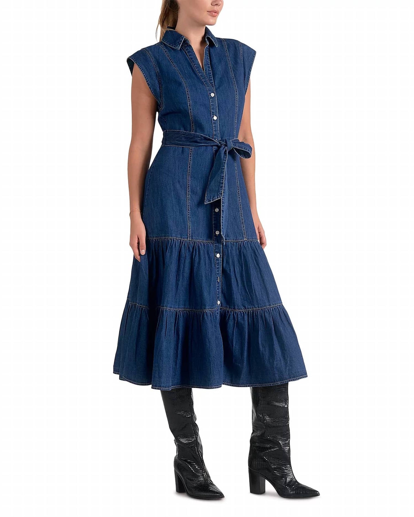 Elan - Denim Cap Sleeve Midi Dress