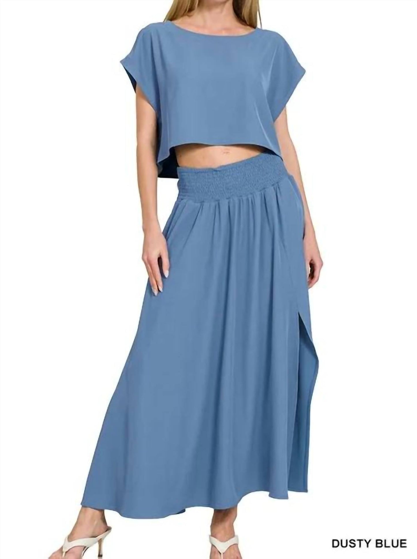 Zenana - Woven Crinkle Gauze Crop Tee And Skirt Set