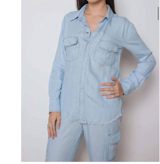 Bianco - Shania - Camisa tencel risca de giz bainha aberta